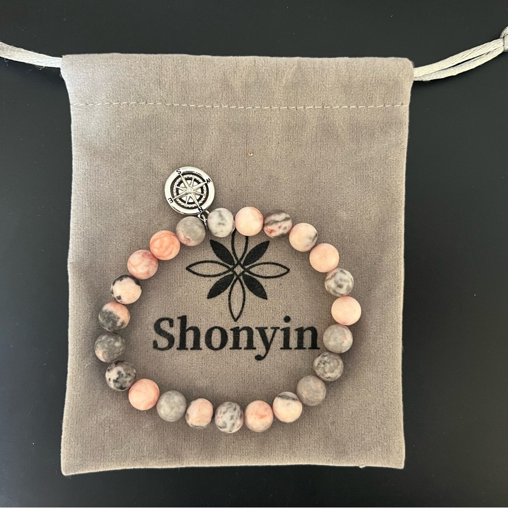 Pink and Gray Beaded Bracelet with Metallic Charm - Picture 2 of 4